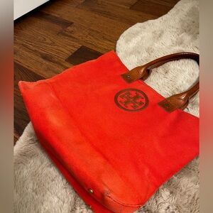 Tory Burch orange-red and brown leather handles Tote Bag